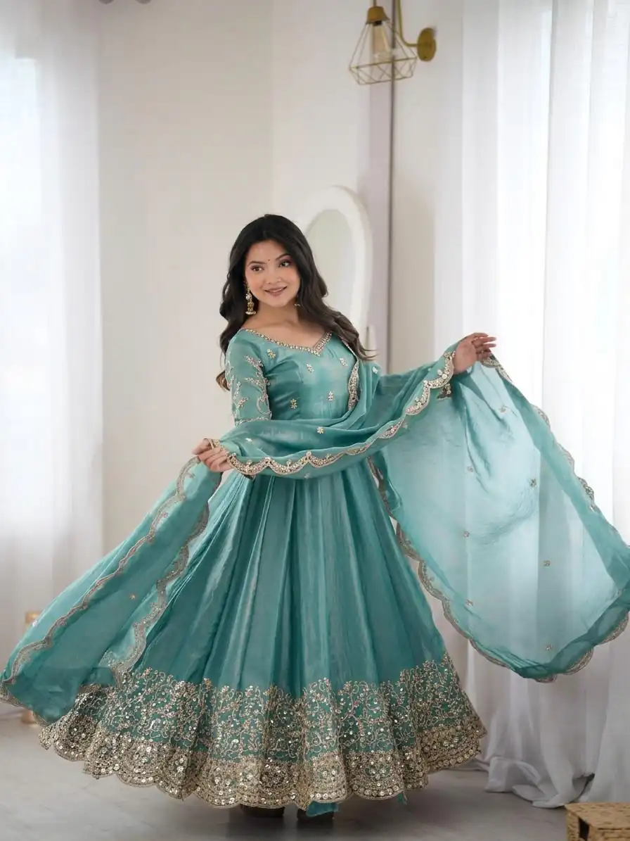 Fancy Sky Blue Fendy Silk Embroider Sequins Work Gown - Image 6