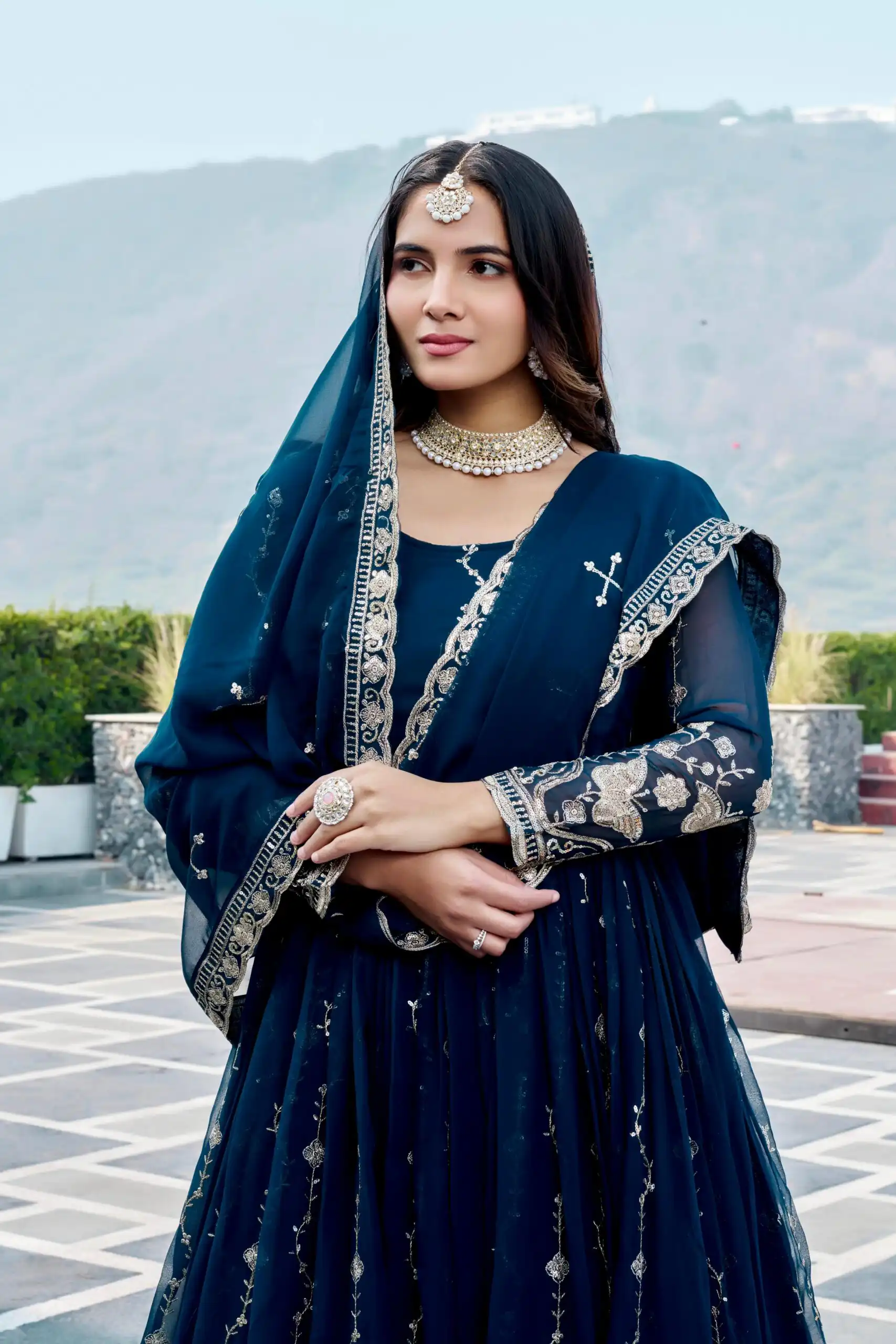 Fancy Teal Faux Georgette Embroider Work Gown - Image 3