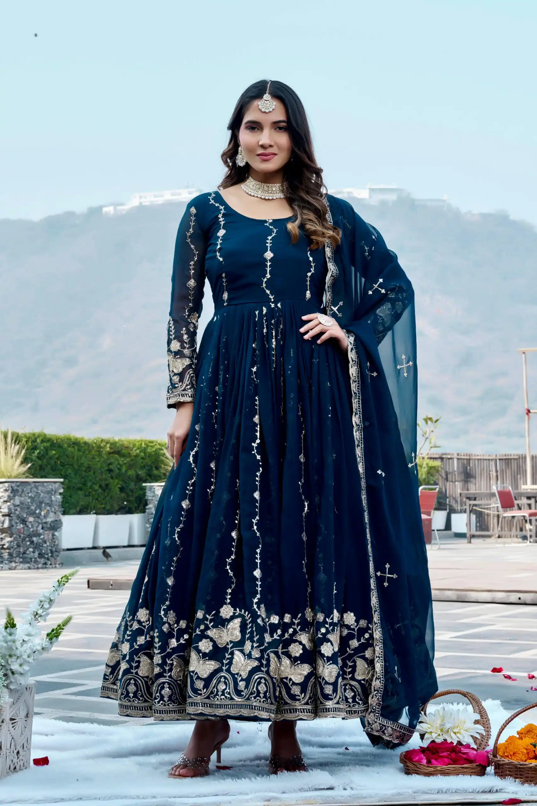 Fancy Teal Faux Georgette Embroider Work Gown - Image 4