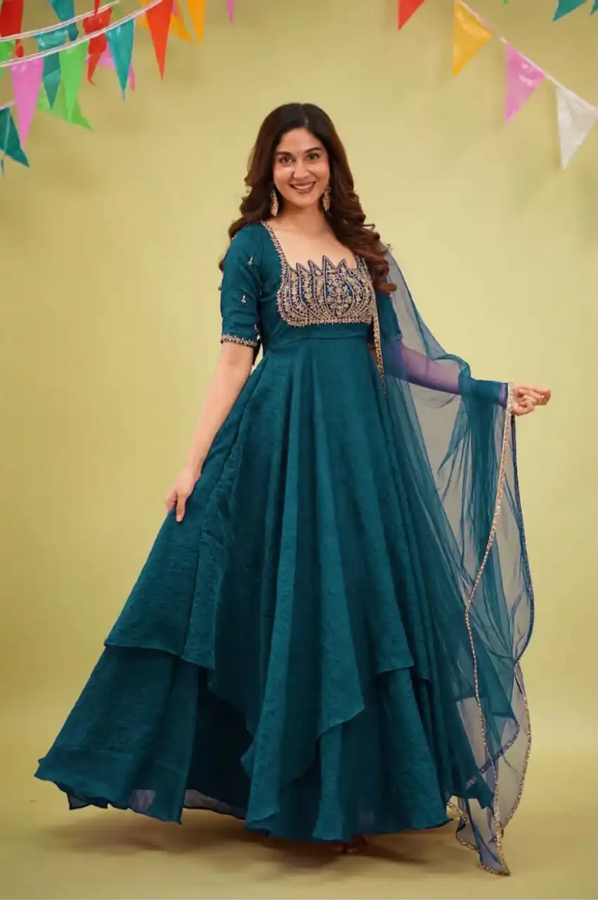 Fancy Teal Fendy Crush Beads Work Gown