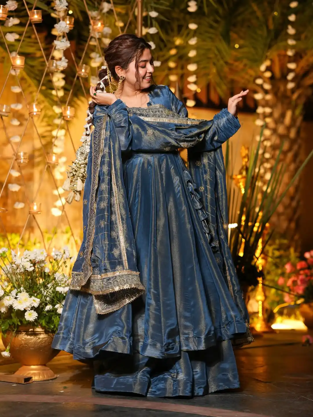Fancy Teal NC Vichitra Embroidery Work Anarkali Suit - Image 4