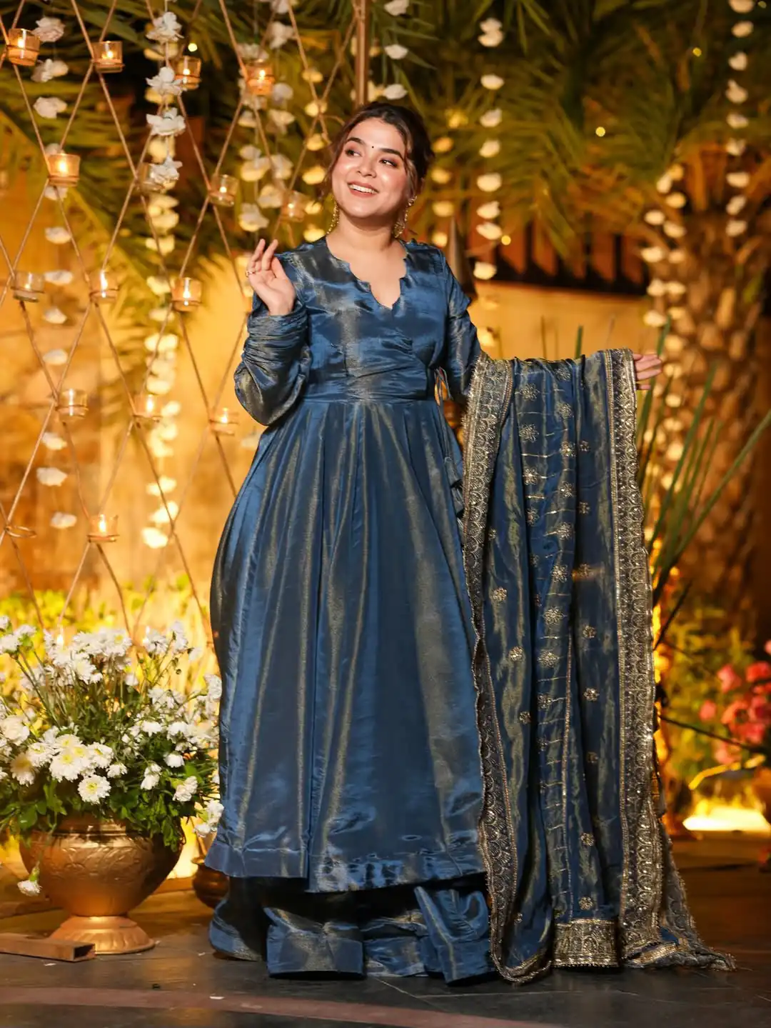 Fancy Teal NC Vichitra Embroidery Work Anarkali Suit - Image 3
