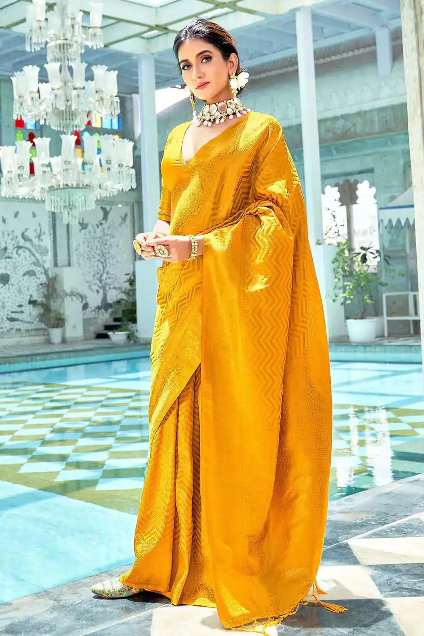 Fancy Yellow Soft Lichi Silk With Jacquard Saree - Image 4