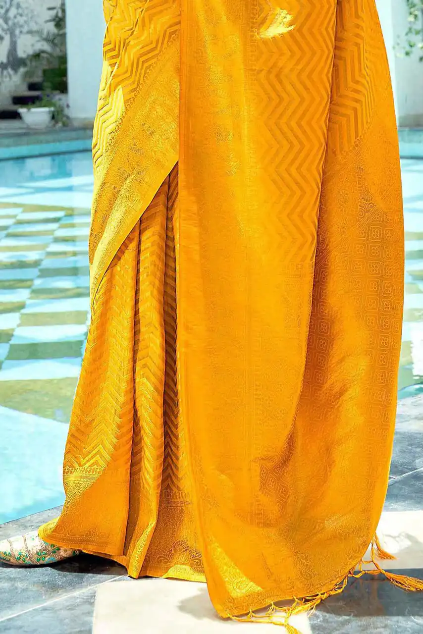 Fancy Yellow Soft Lichi Silk With Jacquard Saree - Image 3
