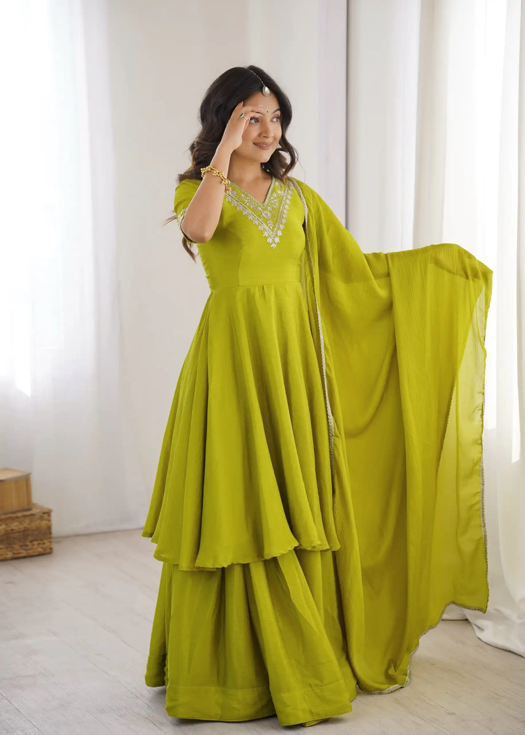 Glowing Mehendi Chinon Silk Sequin Work Salwar Suit - Image 3