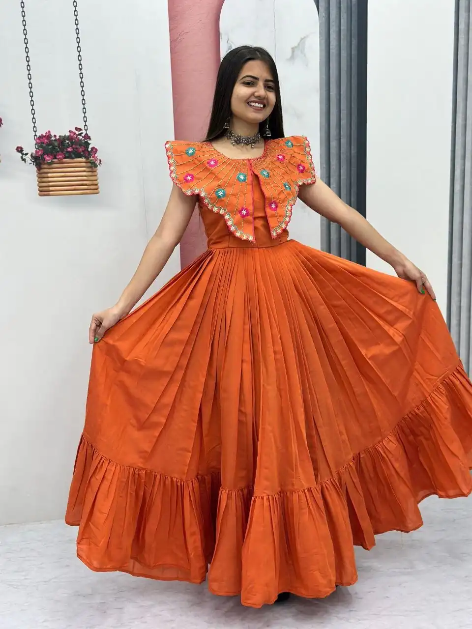 Lovely Orange Roman Thread Khatli Work Gown - Image 4