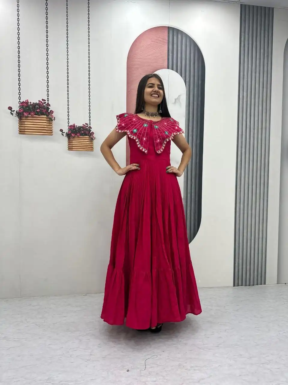 Lovely Pink Roman Thread Khatli Work Gown - Image 4