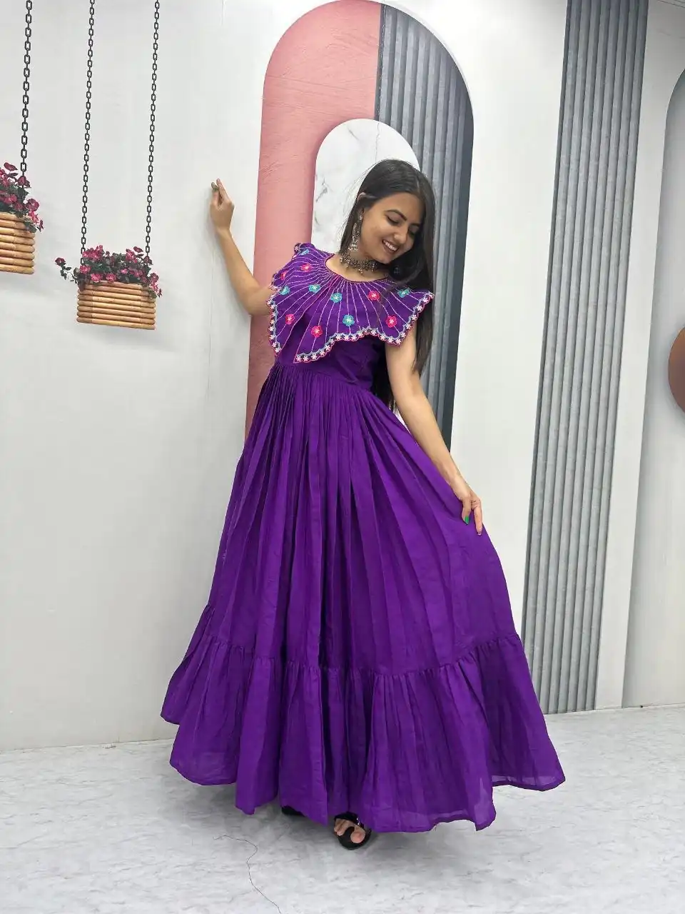 Lovely Purple Roman Thread Khatli Work Gown