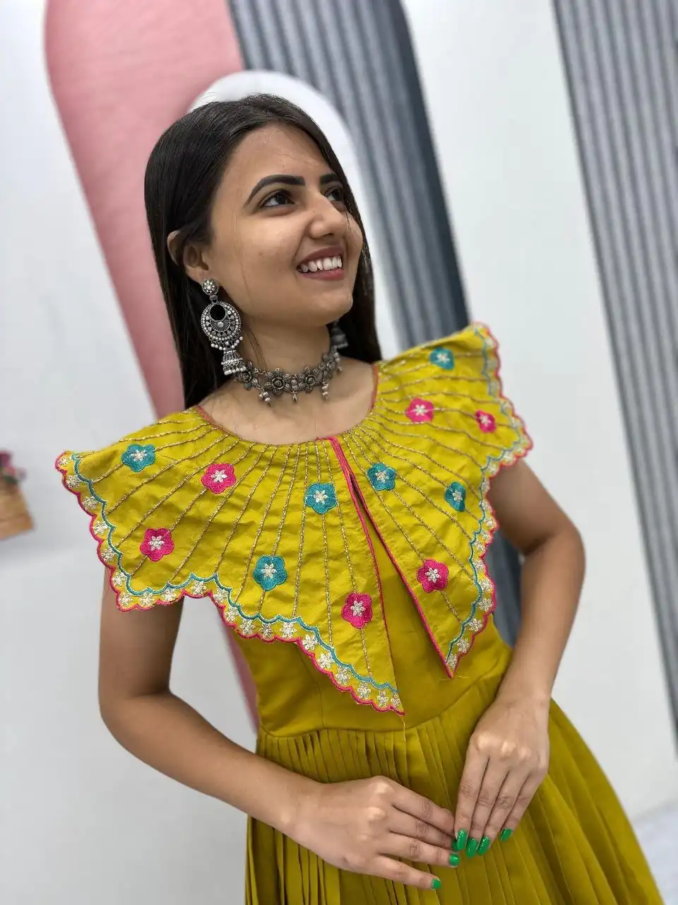 Lovely Yellow Roman Thread Khatli Work Gown - Image 4