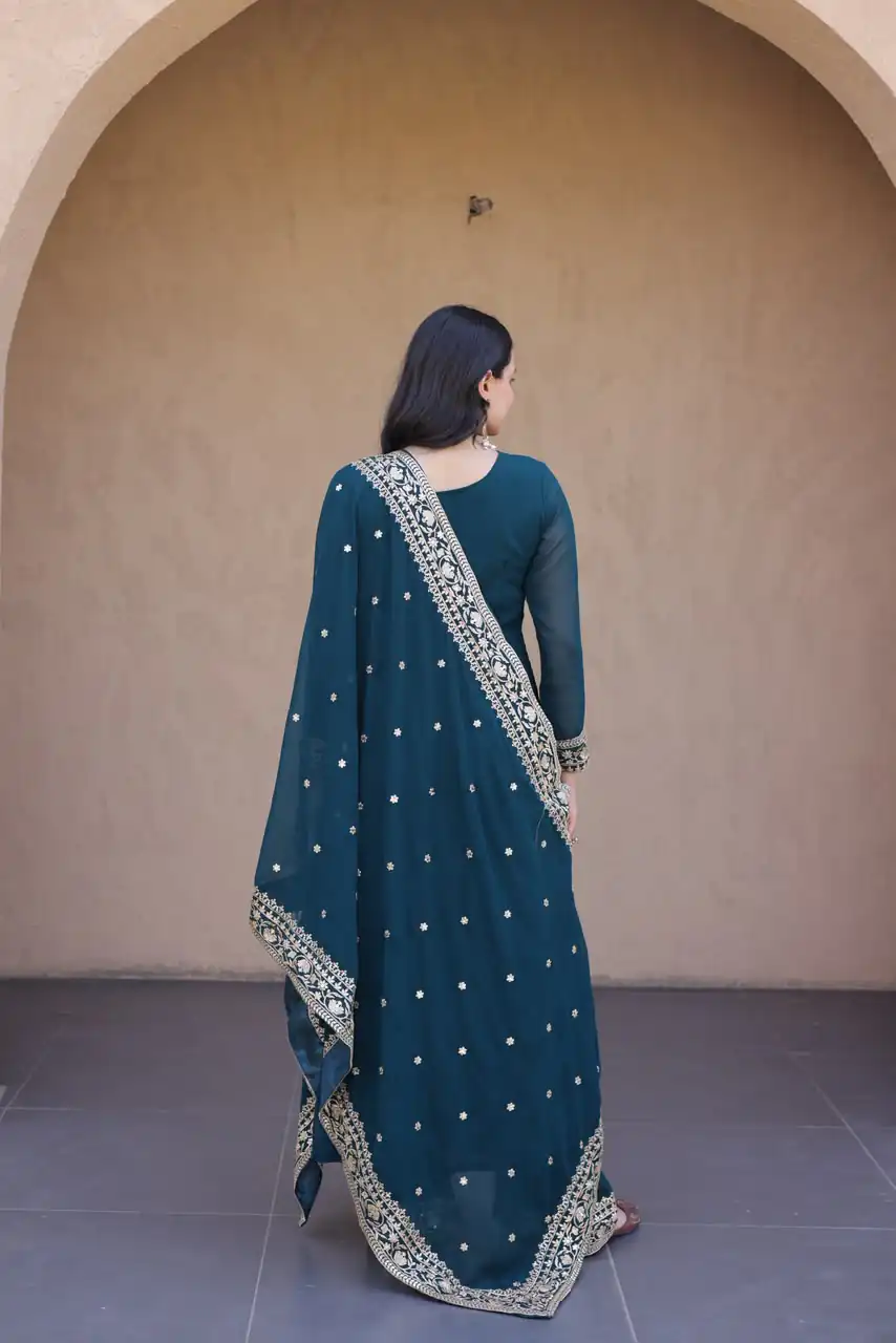 Magical Teal Faux Blooming Sequence Work Gown - Image 5