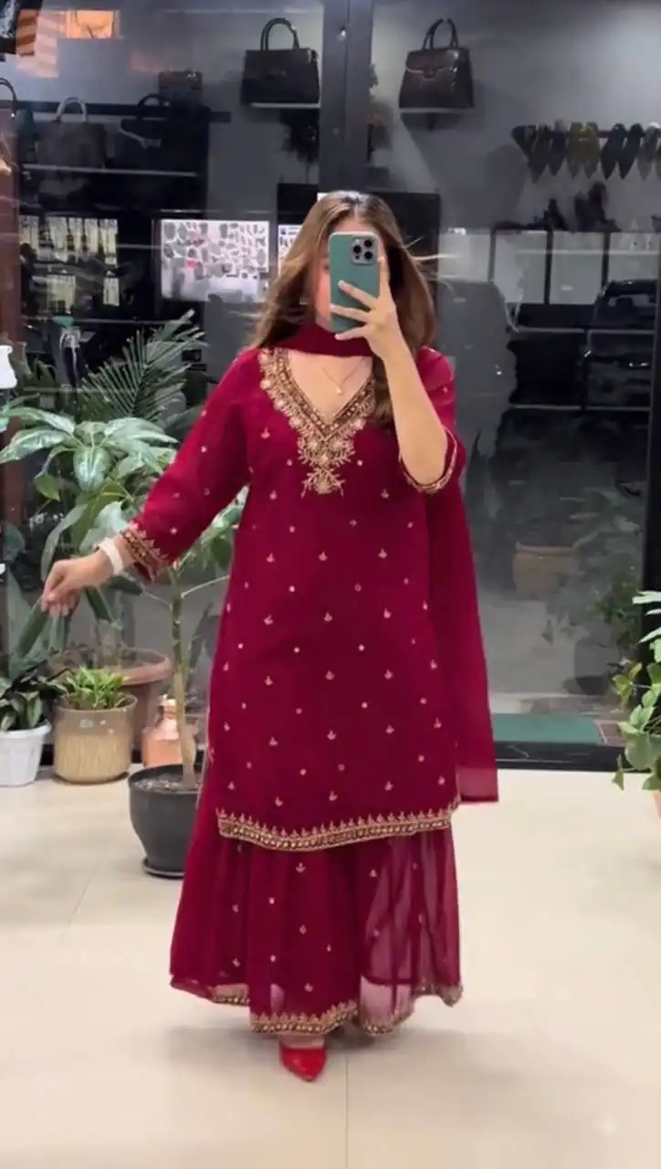 Perfect Maroon Faux Georgette Mirror Hand Work Salwar Suit - Image 2