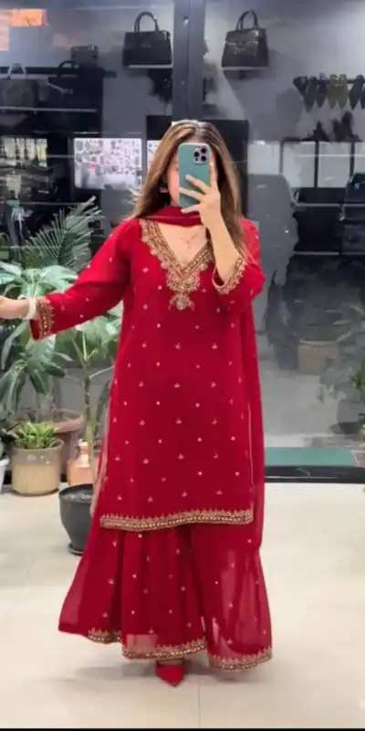Alternative view of Perfect Red Faux Georgette Mirror Hand Work Salwar Suit