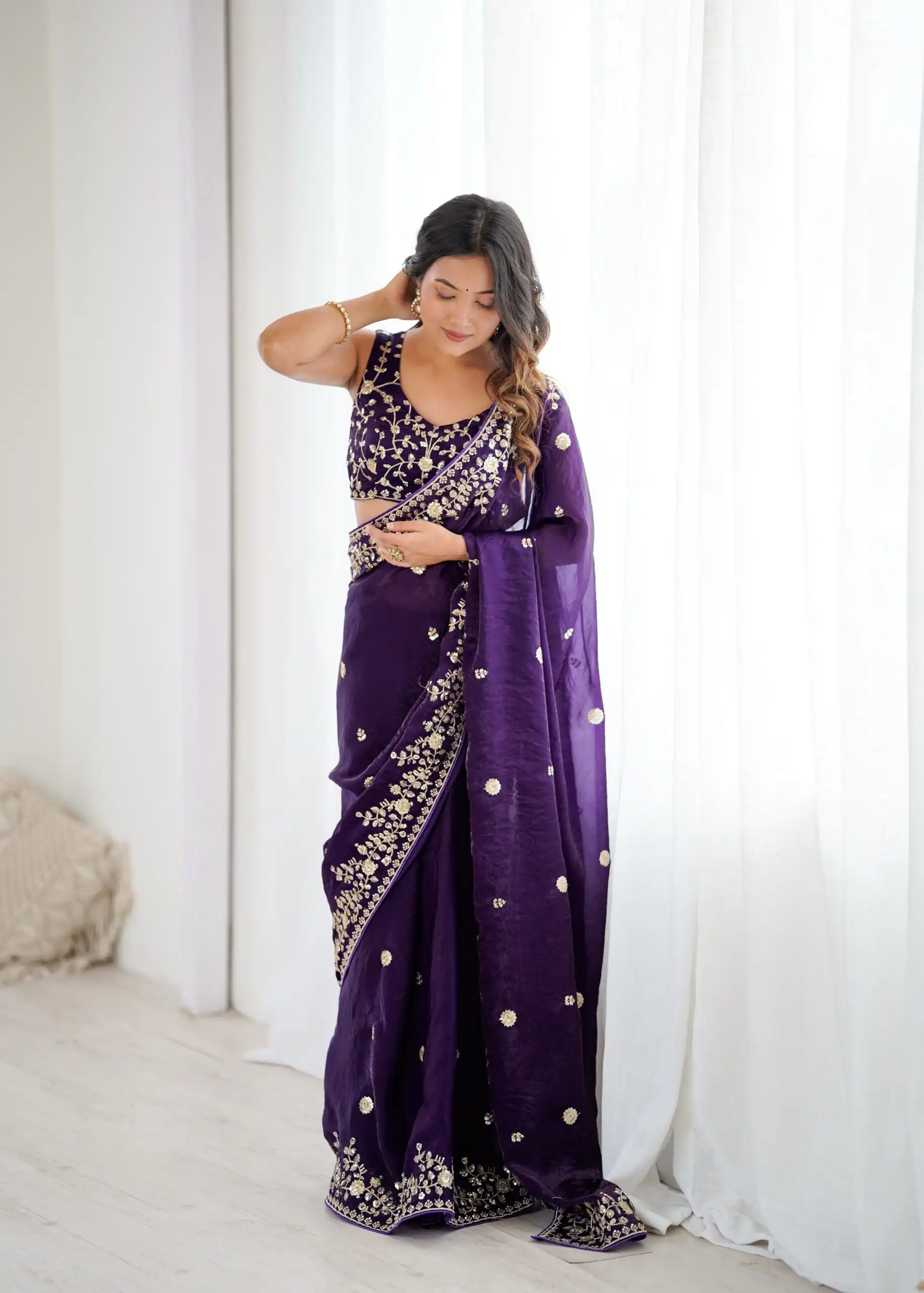 Pretty Purple Fendy Silk Embroidery Work Saree - Image 3