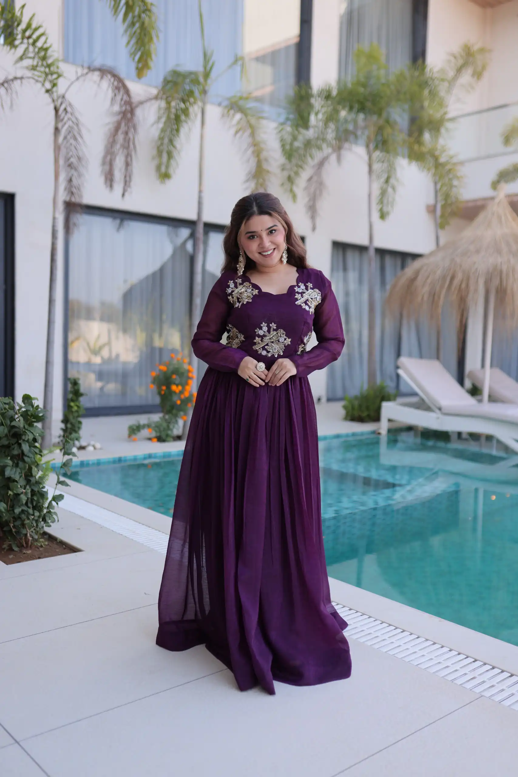 Pretty Purple Silver Crunchy Beads Work Gown