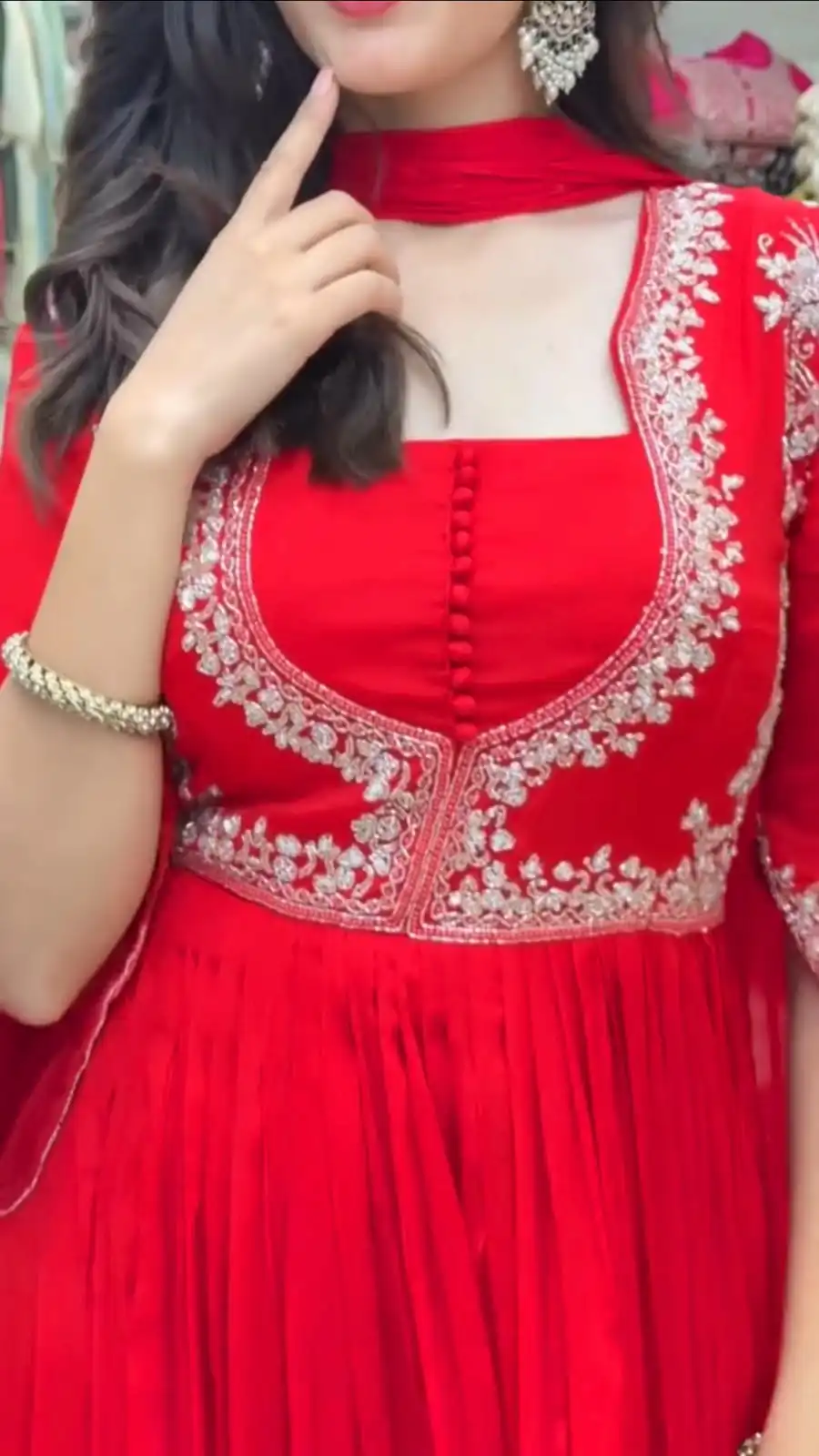 Pretty Red Faux Georgette Thread Work Anarkali Suit - Image 3