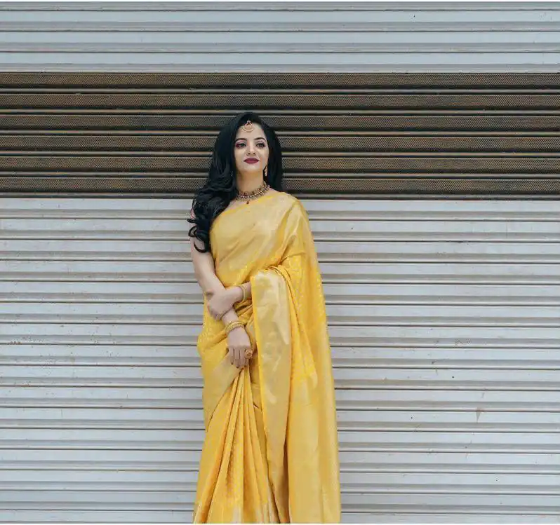 Pretty Yellow Lichi Silk Lace Jacquard Work Saree - Image 8