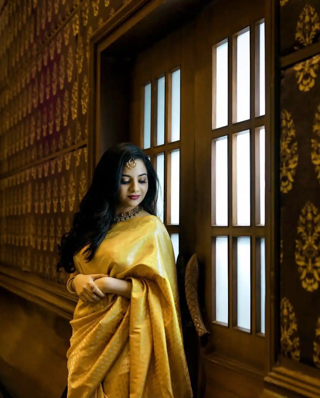 Pretty Yellow Lichi Silk Lace Jacquard Work Saree - Image 7