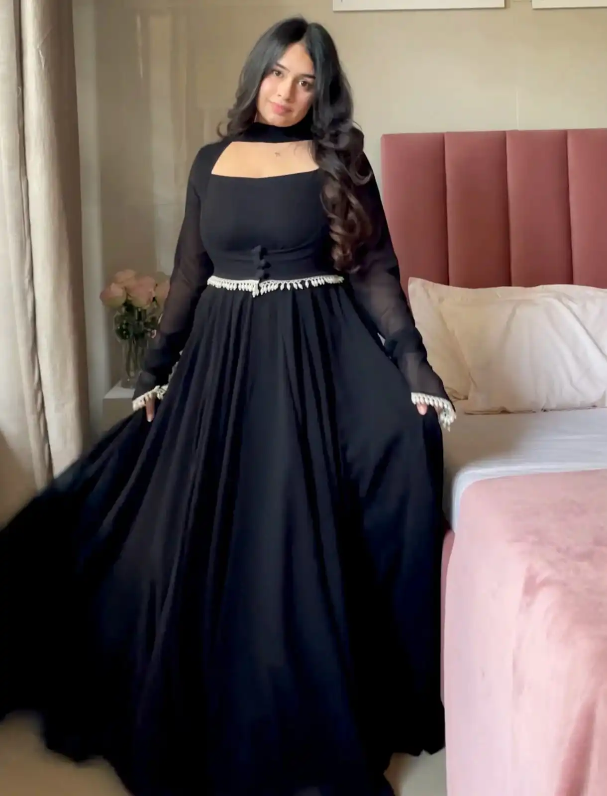 Shiny Black Faux Georgette Fancy Less Work Anarkali Suit - Image 2