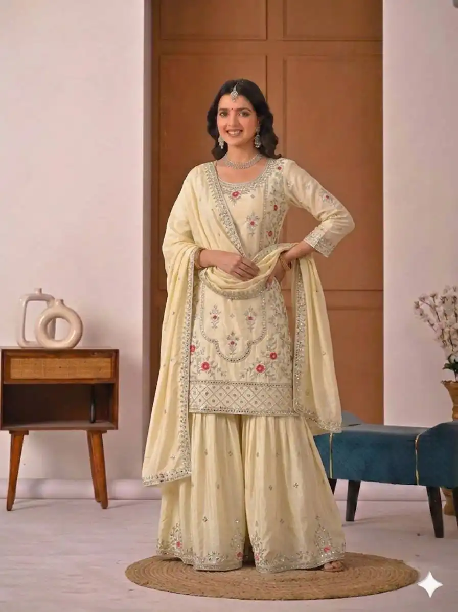 Shiny White Natural Crepe Silk Embroidery Work Salwar Suit - Image 3