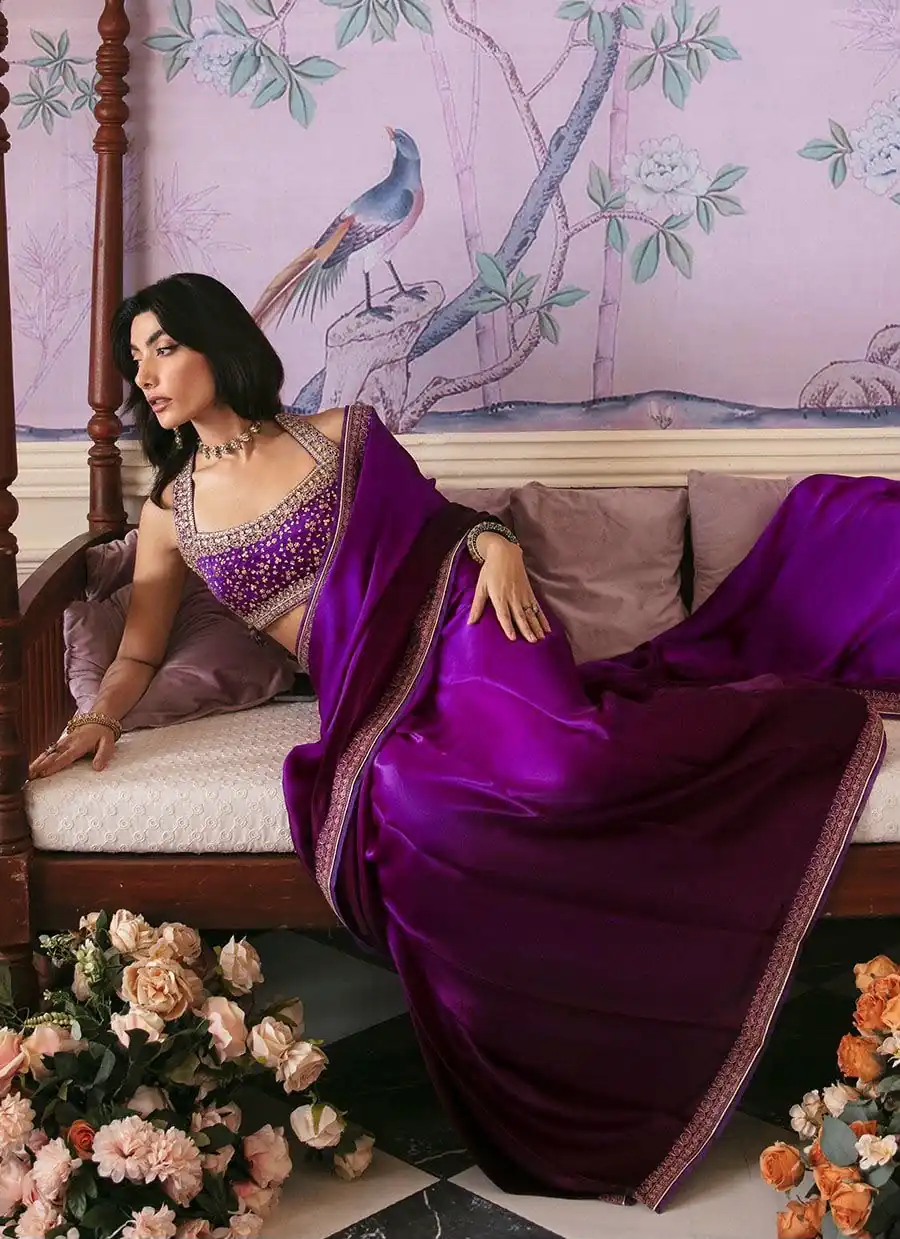 Spacial Purple Japan Satin Silk Sequins Work Saree - Image 3