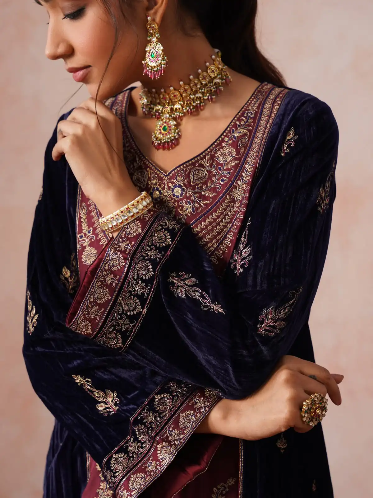 Super Blue Velvet Embroidery Work Salwar Suit - Image 5