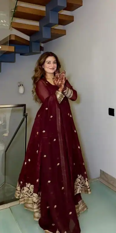 Super Maroon Gold Crazy Embroidery Work Salwar Suit