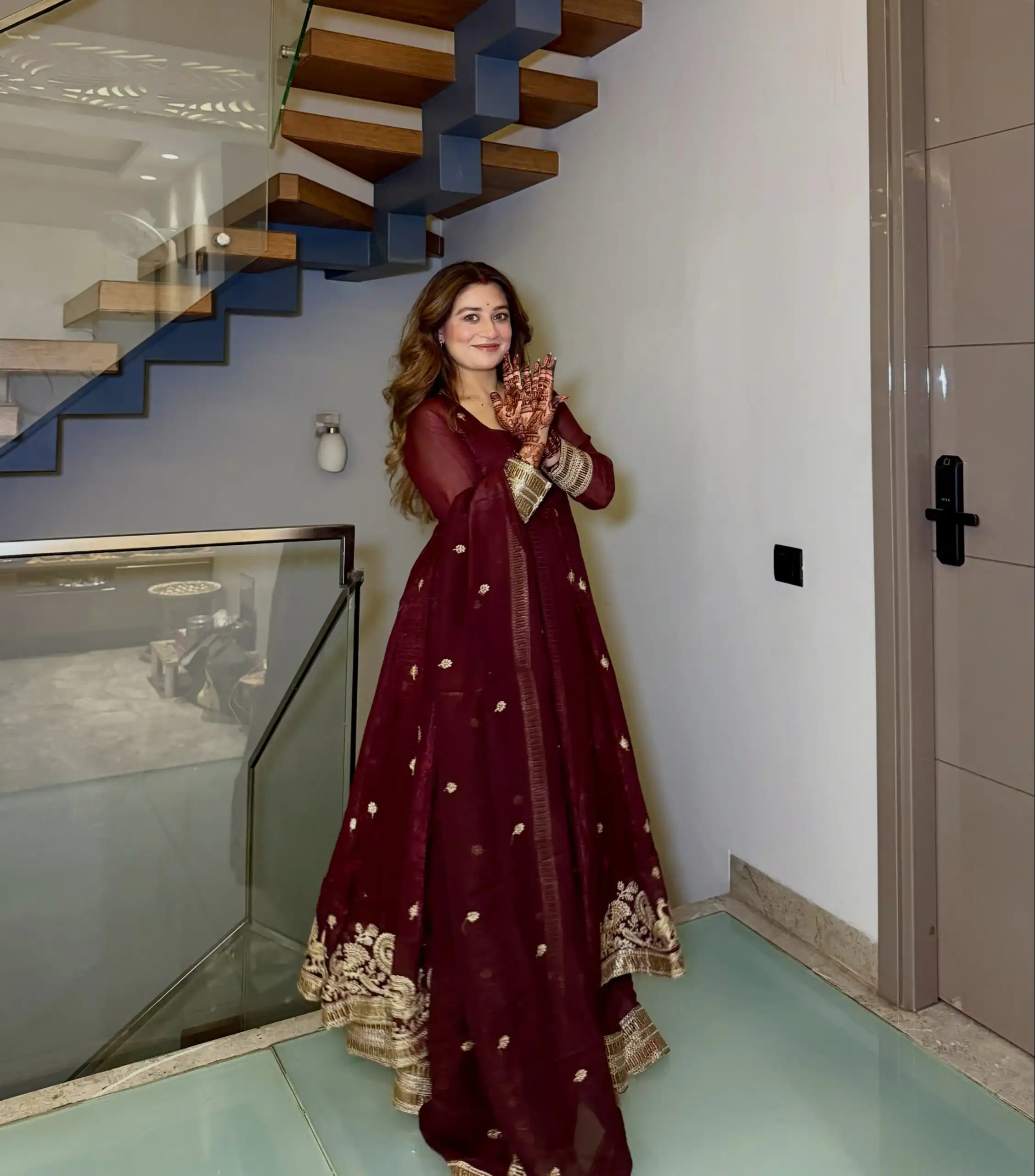 Super Maroon Gold Crazy Embroidery Work Salwar Suit