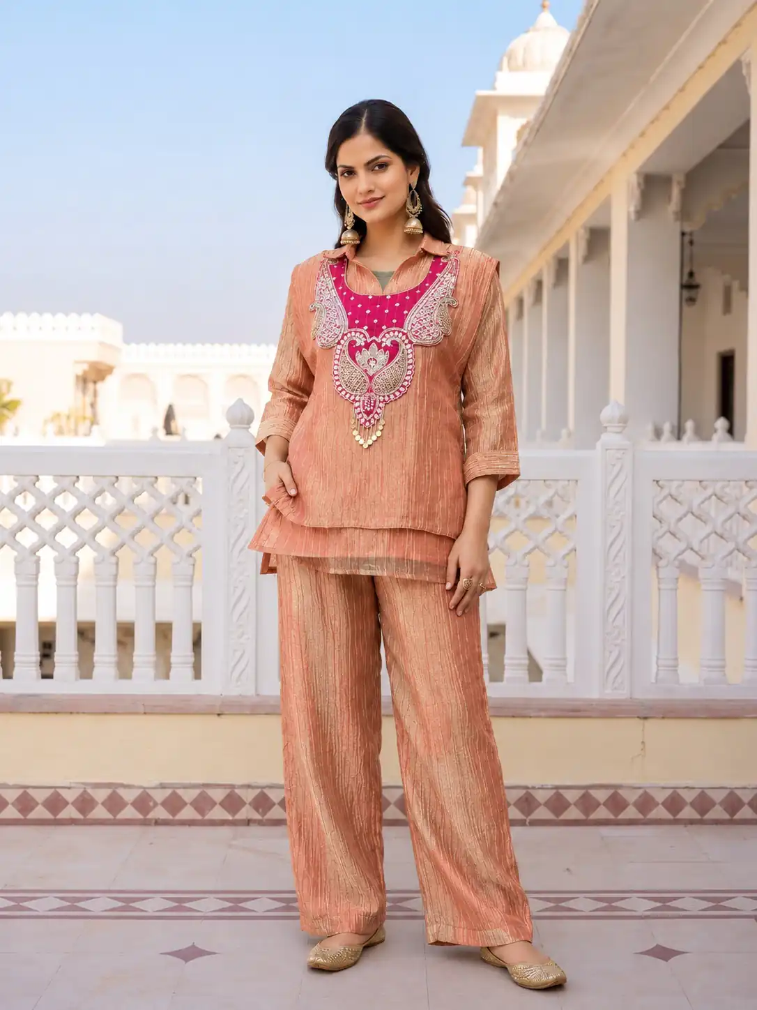 Trendy Rust Salsa Beads Work Kurti