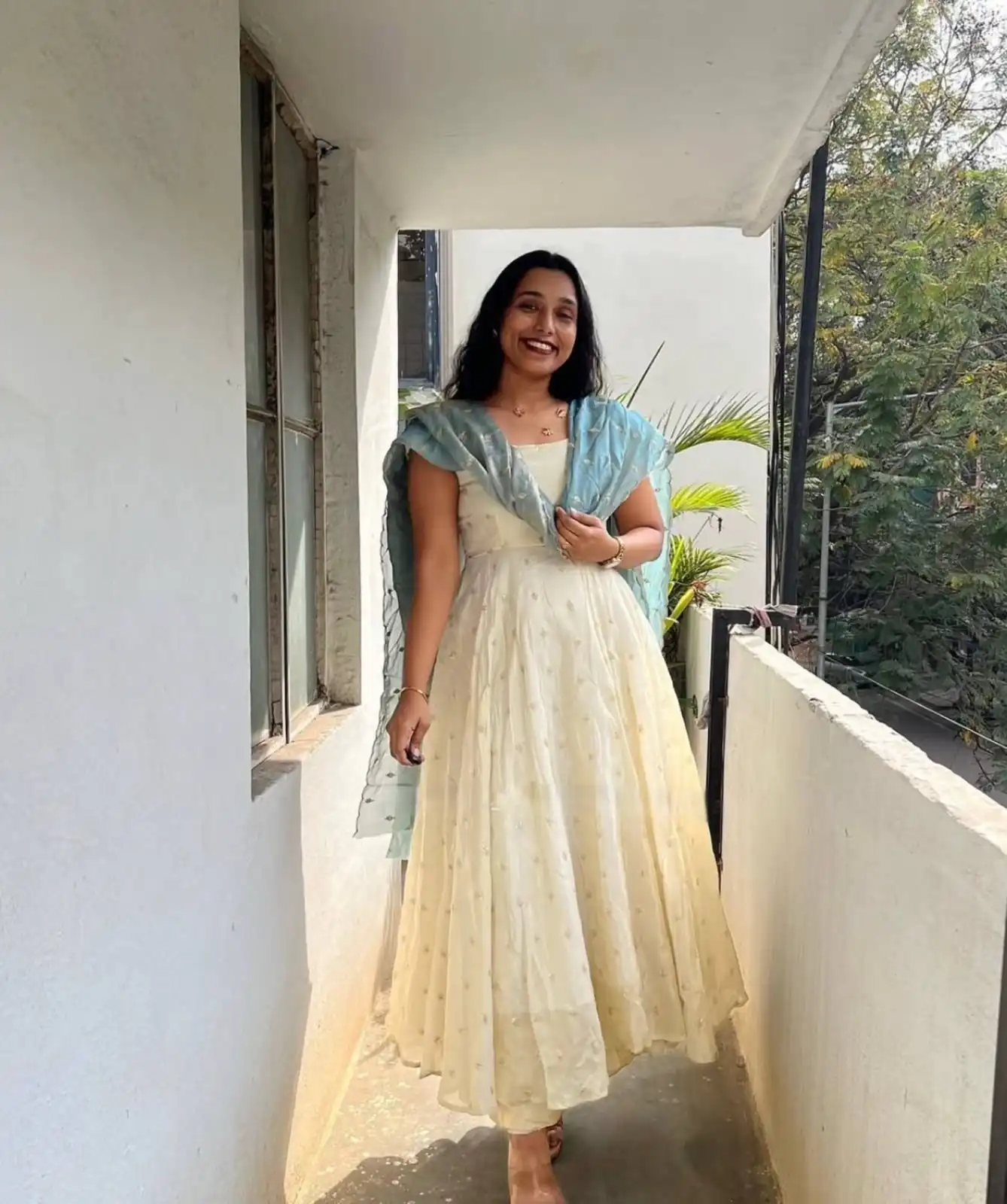 Trendy White Chinon Silk Sequins Work Blue Dupatta Gown