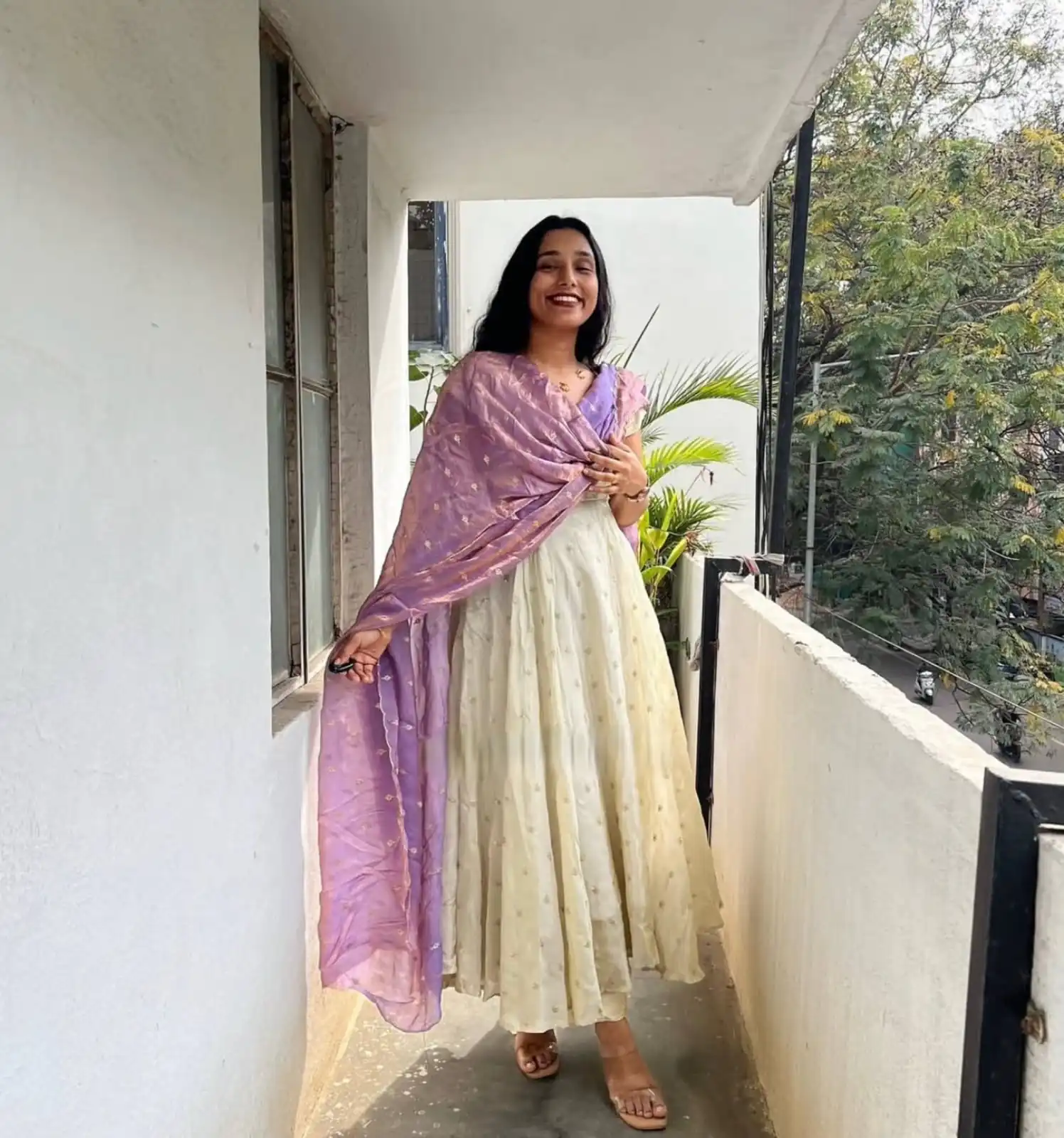 Trendy White Chinon Silk Sequins Work Lavender Dupatta Gown