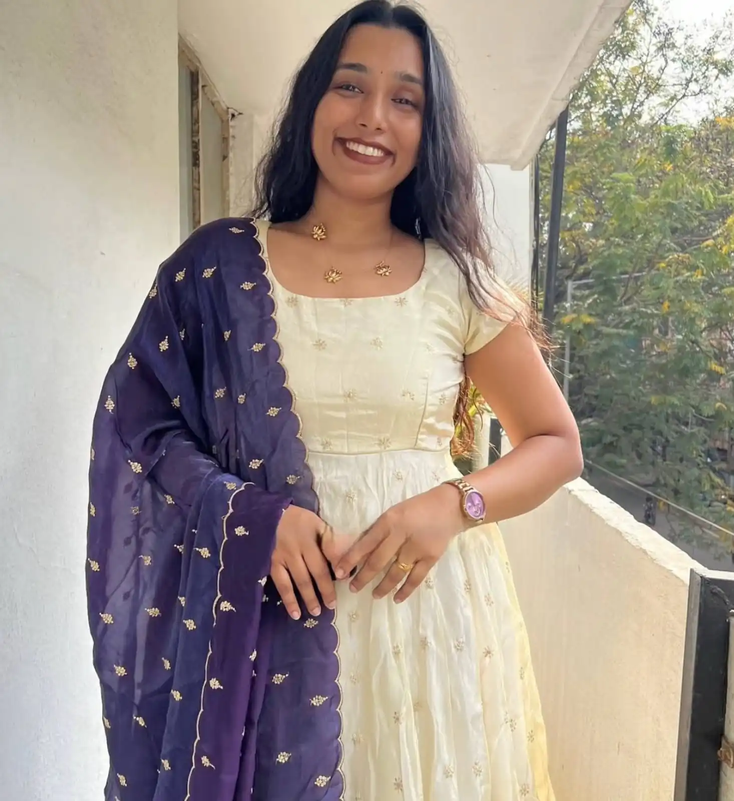 Trendy White Chinon Silk Sequins Work Purple Dupatta Gown - Image 2