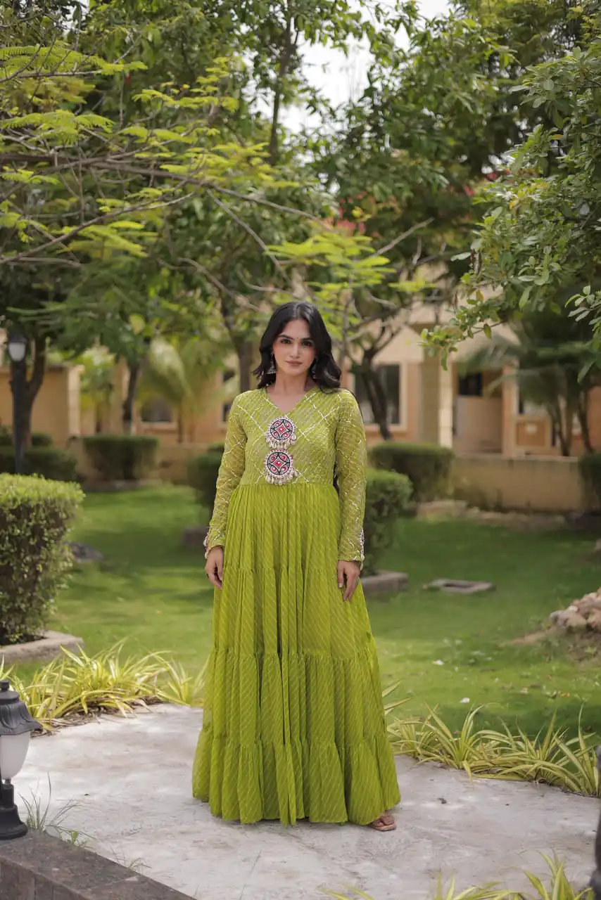 KA 1275 Green in Colour Faux Georgette Bandhani Print Work Gown. Available at ₹1669 only. Delivery 4-6 Working Days. Shop now. | Gowns, Bollywood Gowns, Creative Gowns, Designer Gowns, Embroidered Gowns, Party Wear Gowns