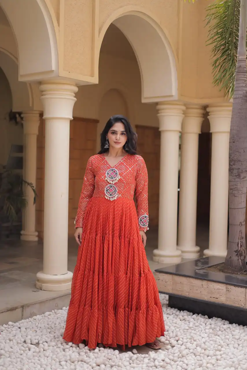 KA 1275 Orange in Colour Faux Georgette Bandhani Print Work Gown. Available at ₹1669 only. Delivery 4-6 Working Days. Shop now. | Gowns, Bollywood Gowns, Creative Gowns, Designer Gowns, Embroidered Gowns, Party Wear Gowns