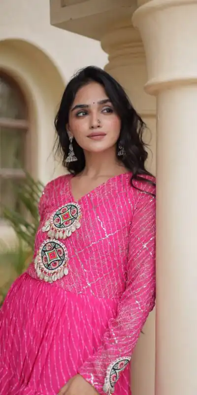 KA 1275 Pink in Colour Faux Georgette Bandhani Print Work Gown. Available at ₹1669 only. Delivery 4-6 Working Days. Shop now. | Gowns, Bollywood Gowns, Creative Gowns, Designer Gowns, Embroidered Gowns, Party Wear Gowns