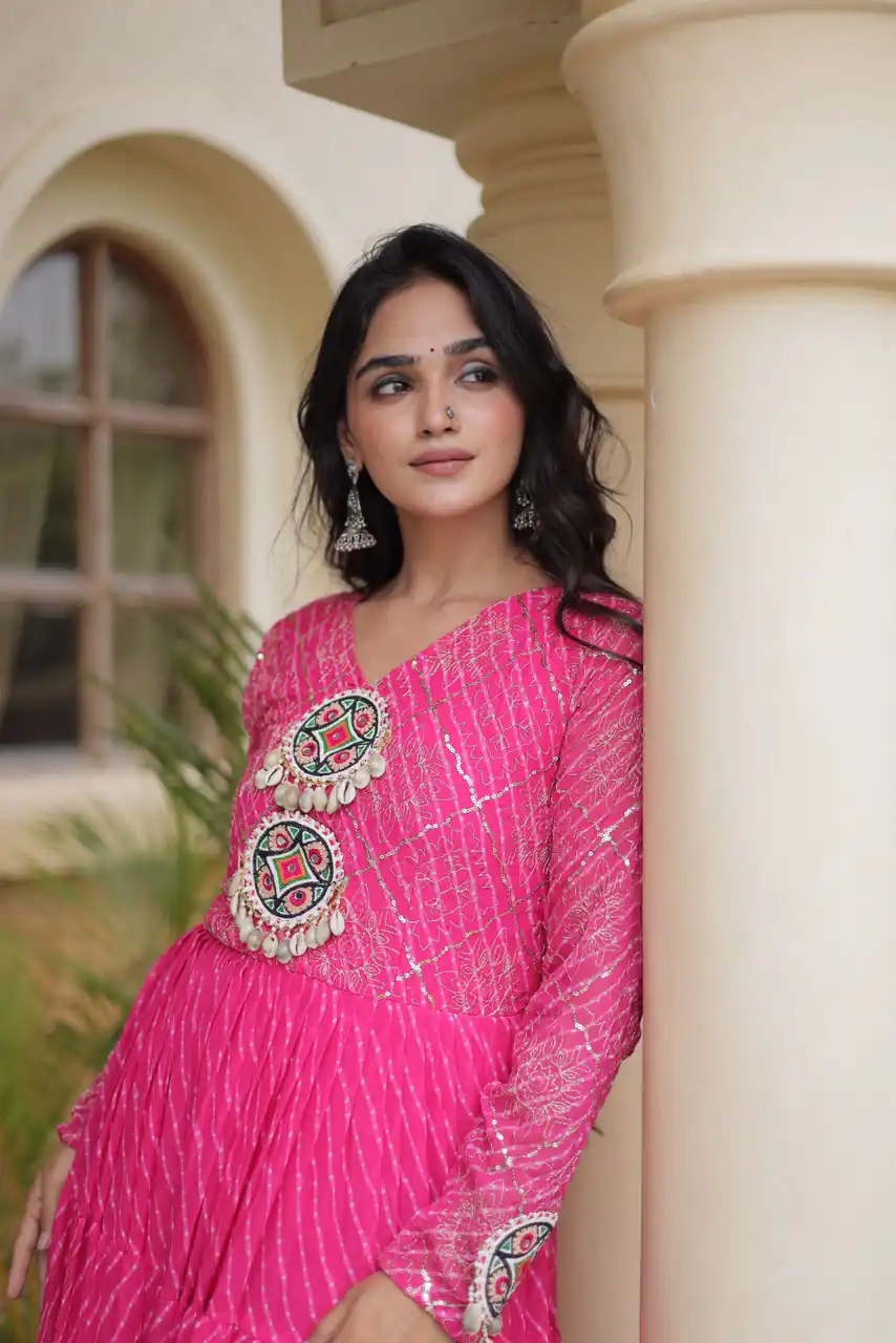 KA 1275 Pink in Colour Faux Georgette Bandhani Print Work Gown. Available at ₹1669 only. Delivery 4-6 Working Days. Shop now. | Gowns, Bollywood Gowns, Creative Gowns, Designer Gowns, Embroidered Gowns, Party Wear Gowns