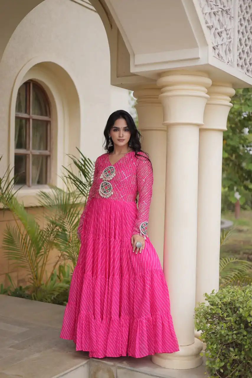 KA 1275 Pink in Colour Faux Georgette Bandhani Print Work Gown. Available at ₹1669 only. Delivery 4-6 Working Days. Shop now. | Gowns, Bollywood Gowns, Creative Gowns, Designer Gowns, Embroidered Gowns, Party Wear Gowns