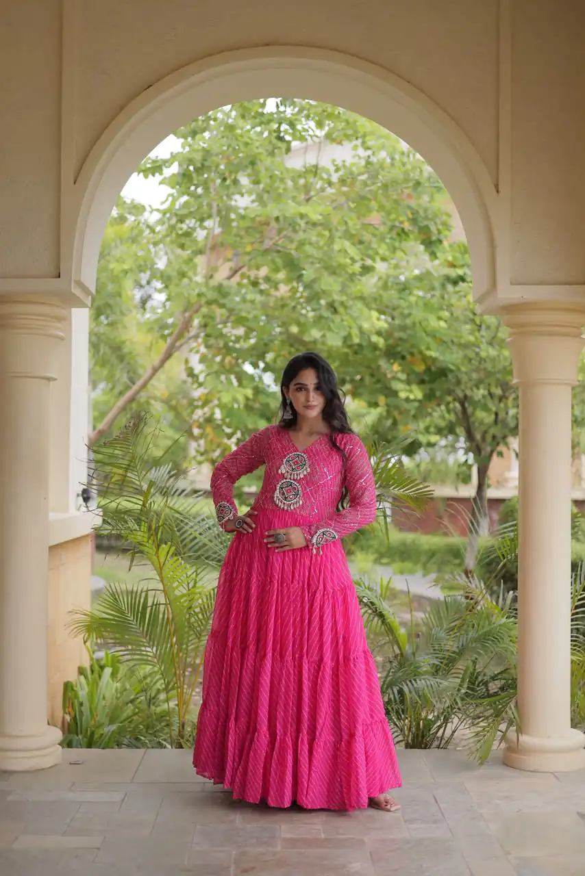 KA 1275 Pink in Colour Faux Georgette Bandhani Print Work Gown. Available at ₹1669 only. Delivery 4-6 Working Days. Shop now. | Gowns, Bollywood Gowns, Creative Gowns, Designer Gowns, Embroidered Gowns, Party Wear Gowns