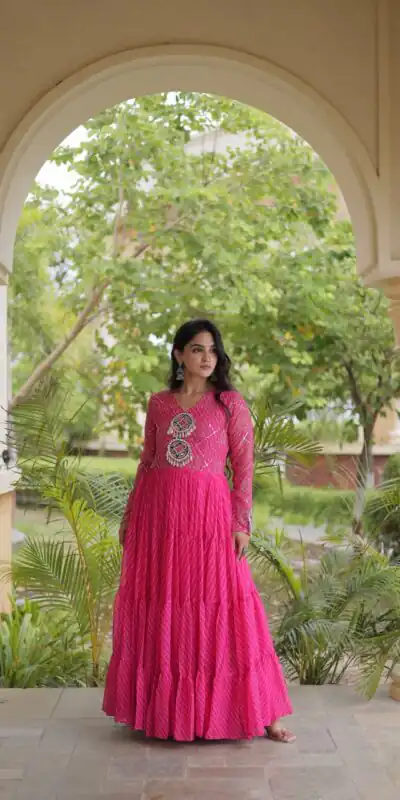 KA 1275 Pink in Colour Faux Georgette Bandhani Print Work Gown. Available at ₹1669 only. Delivery 4-6 Working Days. Shop now. | Gowns, Bollywood Gowns, Creative Gowns, Designer Gowns, Embroidered Gowns, Party Wear Gowns