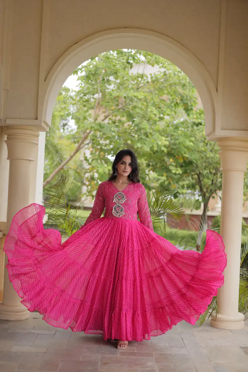 KA 1275 Pink in Colour Faux Georgette Bandhani Print Work Gown. Available at ₹1669 only. Delivery 4-6 Working Days. Shop now. | Gowns, Bollywood Gowns, Creative Gowns, Designer Gowns, Embroidered Gowns, Party Wear Gowns