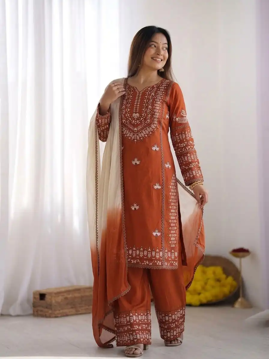 NSR 888 Rust Rayon Salwar Suit with Embroidery Work & Thread Embroidery. Best Price ₹2199. Delivery 4-6 Working Days. Shop now. | Jump Suits, Salwar suit, Casual Suits, Creative suits, Designer Suits, Palazzo Suits, Party Wear Suits, Patiala Suits, Straight Suits