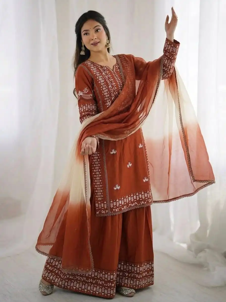 NSR 888 Rust Rayon Salwar Suit with Embroidery Work & Thread Embroidery. Best Price ₹2199. Delivery 4-6 Working Days. Shop now. | Jump Suits, Salwar suit, Casual Suits, Creative suits, Designer Suits, Palazzo Suits, Party Wear Suits, Patiala Suits, Straight Suits