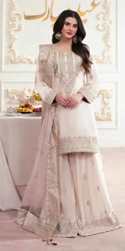 LG 2160 White French Crep Silk Salwar Suit Perfect for Wedding, Party, Engagement, Baisakhi, Pongal – . Special Price ₹2799. Delivery 4-6 Working Days | Jump Suits, Salwar suit, Casual Suits, Creative suits, Designer Suits, Palazzo Suits, Party Wear Suits, Patiala Suits, Straight Suits