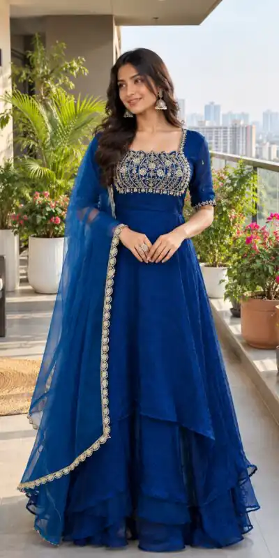 ST 1214 Blue Fendy Crush Gown with Embroidery Work & Sequins Work. Special Price ₹2449. Delivery 4-6 Working Days. Shop now. | Gowns, Bollywood Gowns, Creative Gowns, Designer Gowns, Embroidered Gowns, Party Wear Gowns
