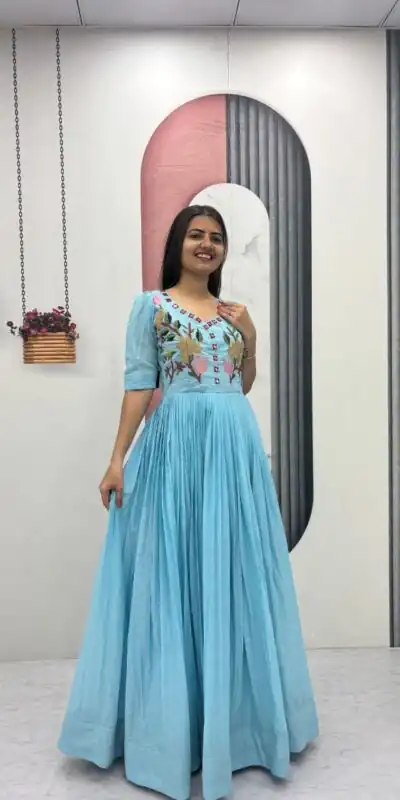 PC 574 Blue in Blue Mal Cotton Mirror Work & Embroidery Work Gown . Available at ₹2049 only. Delivery 4-6 Working Days. Shop now. | Gowns, Bollywood Gowns, Creative Gowns, Designer Gowns, Embroidered Gowns, Party Wear Gowns