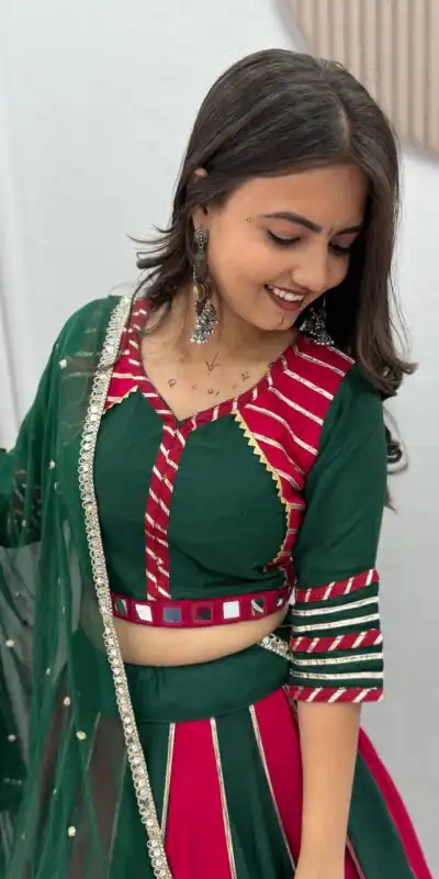 PC 589 Green in Pure Cotton Mirror Work & Gamthi Work Lehenga Choli . Exclusive Offer ₹2199. Delivery 4-6 Working Days. Shop now. | Lehenga, Bollywood Lehenga, Creative Lehenga, Designer Lehenga, Embroidered Lehenga, Party Wear Lehenga