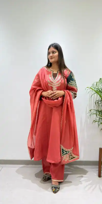 BE 509 Peach Mul Chanderi Salwar Suit with Embroidery Work & Sequins Work. Festive Deal ₹2399. Delivery 4-6 Working Days. Shop nowp | Jump Suits, Salwar suit, Casual Suits, Creative suits, Designer Suits, Palazzo Suits, Party Wear Suits, Patiala Suits, Straight Suits