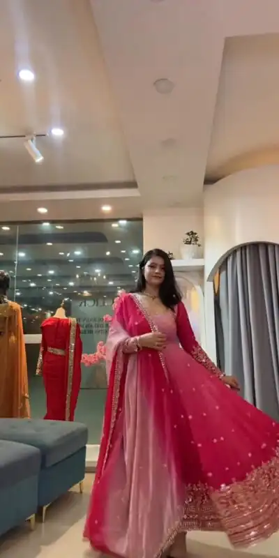 SR 1725 Pink Faux Georgette Gown with Mirror Work & Embroidery Work. Get it for ₹2449. Delivery 4-6 Working Days. Online Shop now. | Gowns, Bollywood Gowns, Creative Gowns, Designer Gowns, Embroidered Gowns, Party Wear Gowns