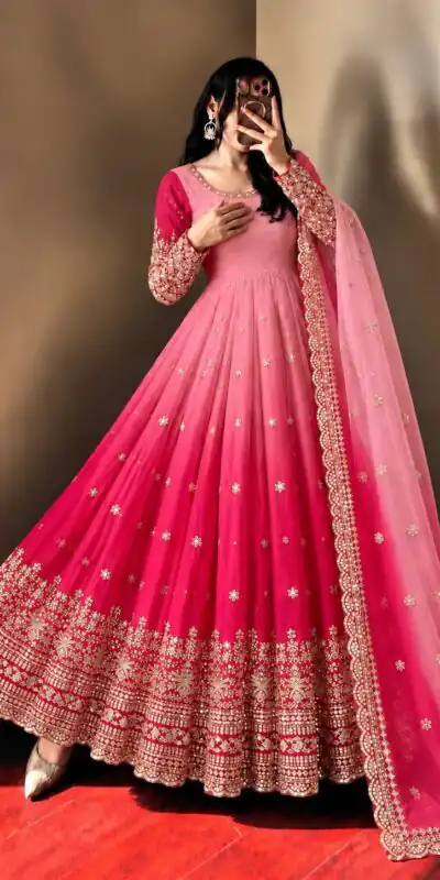 SR 1725 Pink Faux Georgette Gown with Mirror Work & Embroidery Work. Get it for ₹2449. Delivery 4-6 Working Days. Online Shop now. | Gowns, Bollywood Gowns, Creative Gowns, Designer Gowns, Embroidered Gowns, Party Wear Gowns