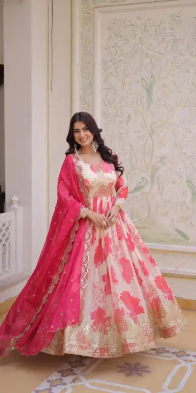KA 1242 Pink in Russian Silk Embroidery Work & Zari Work Gown . Exclusive Offer ₹2849. Delivery 4-6 Working Days. Shop now. | Gowns, Bollywood Gowns, Creative Gowns, Designer Gowns, Embroidered Gowns, Party Wear Gowns