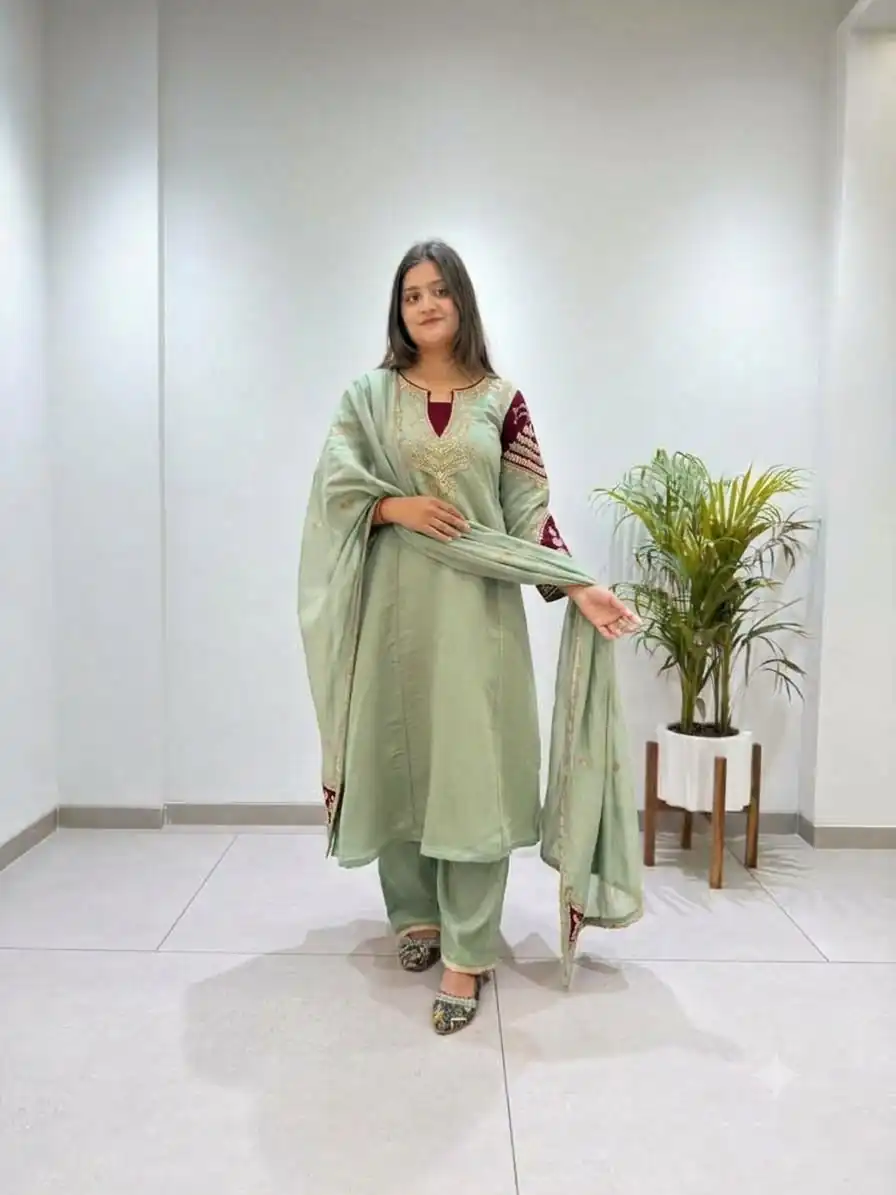 BE 509 Pista Mul Chanderi Salwar Suit with Embroidery Work & Sequins Work. Festive Deal ₹2399. Delivery 4-6 Working Days. Shop nowp | Jump Suits, Salwar suit, Casual Suits, Creative suits, Designer Suits, Palazzo Suits, Party Wear Suits, Patiala Suits, Straight Suits
